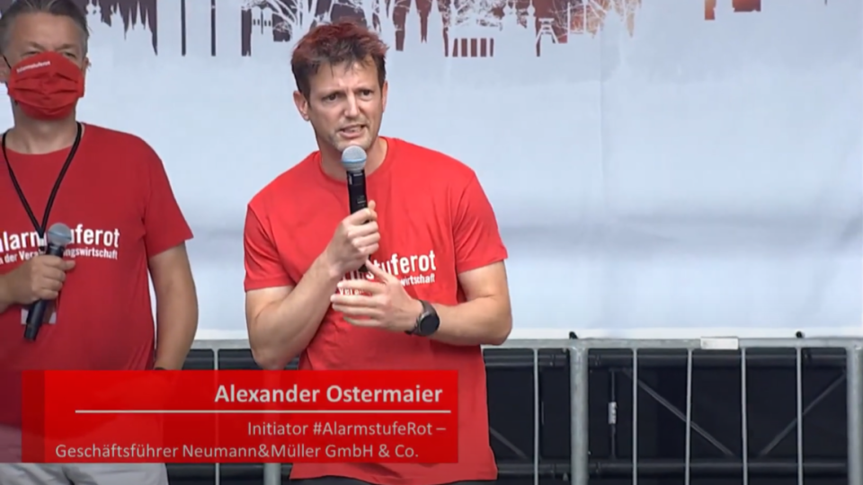 Alexander Ostermaier, Managing Director of Neumann&Müller, at the Alarmstufe Rot demonstration on September 9, 2020